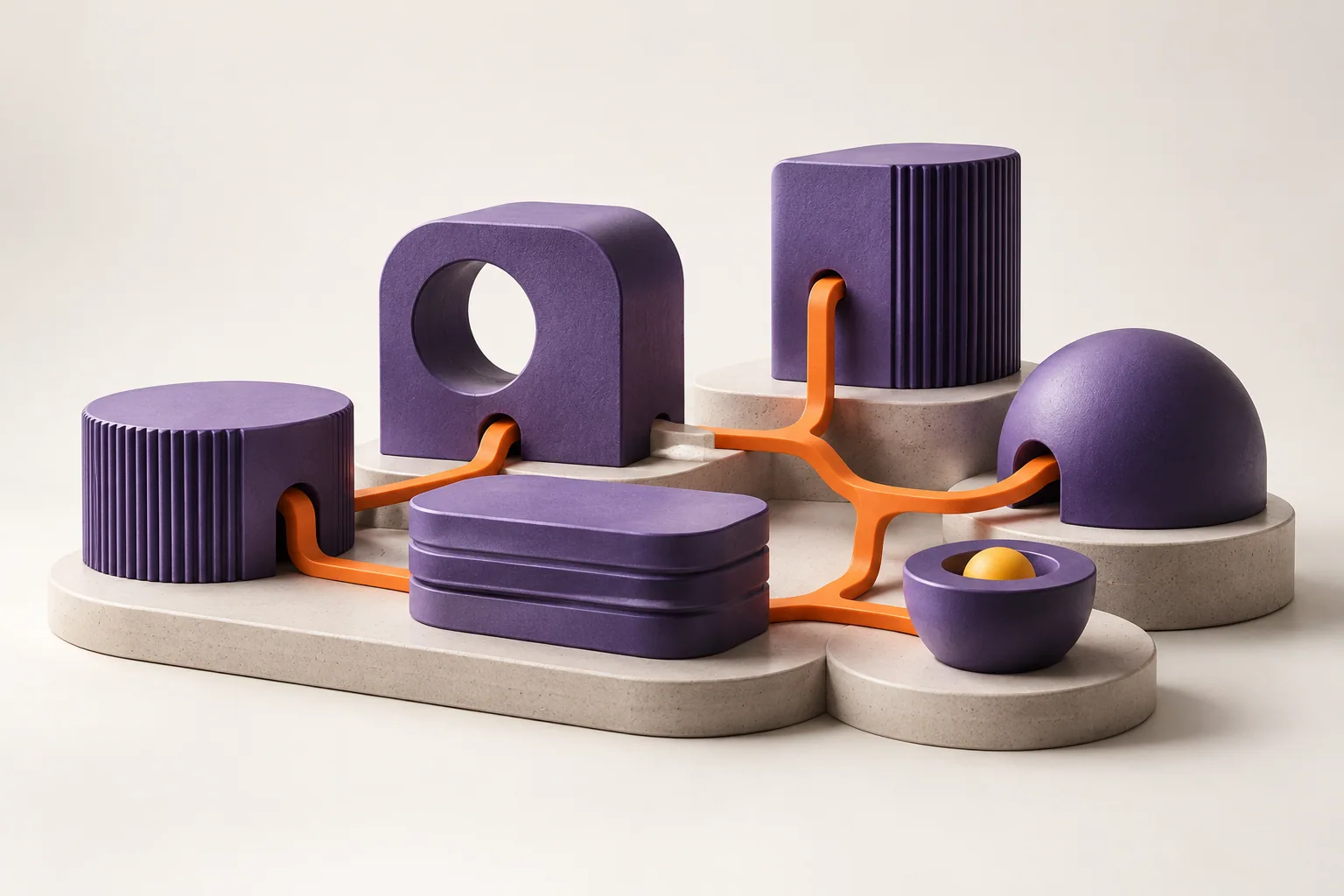 Escultura modular em roxo e laranja