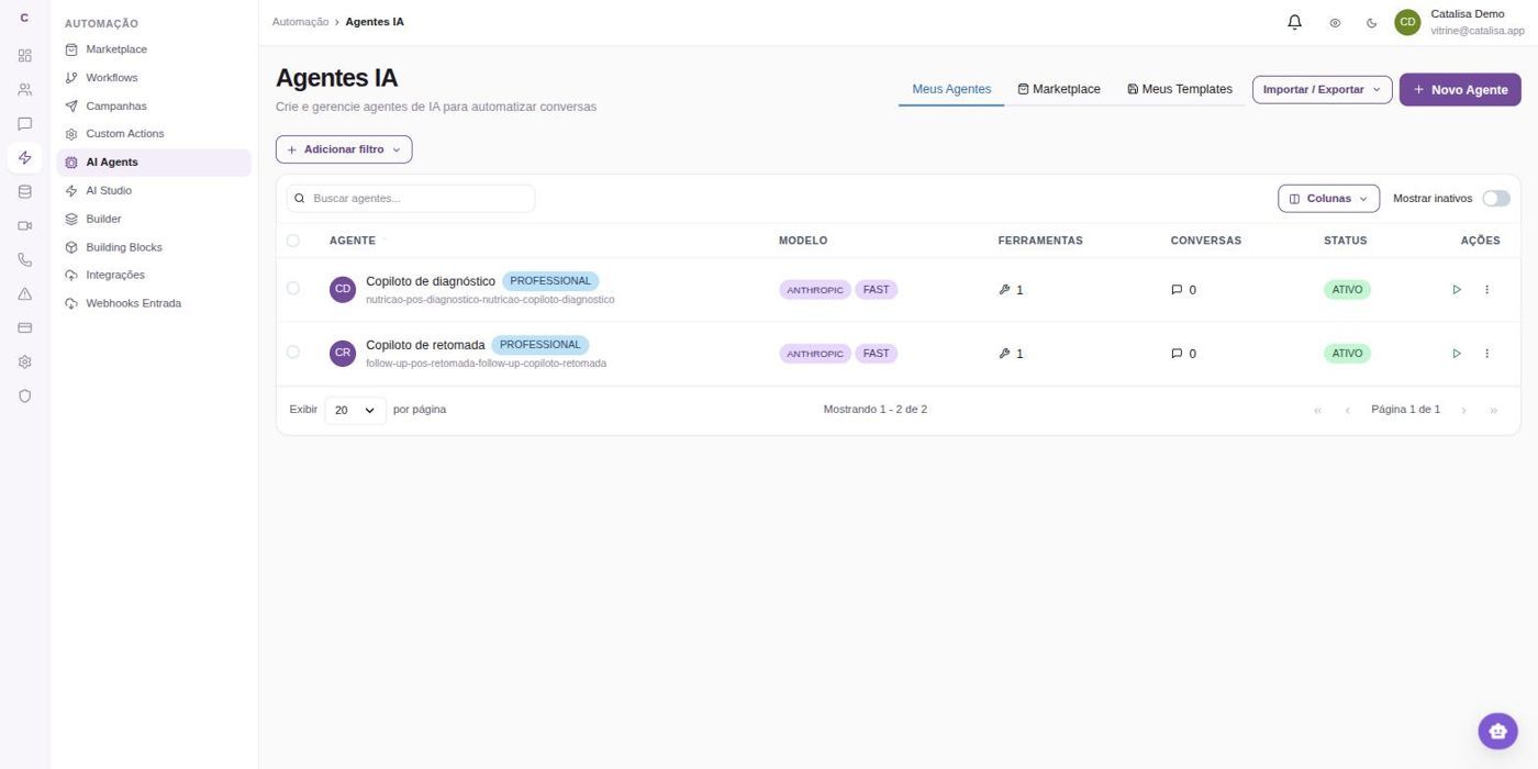 Uma visão dos agentes configurados, com ferramentas e estado de configuração.